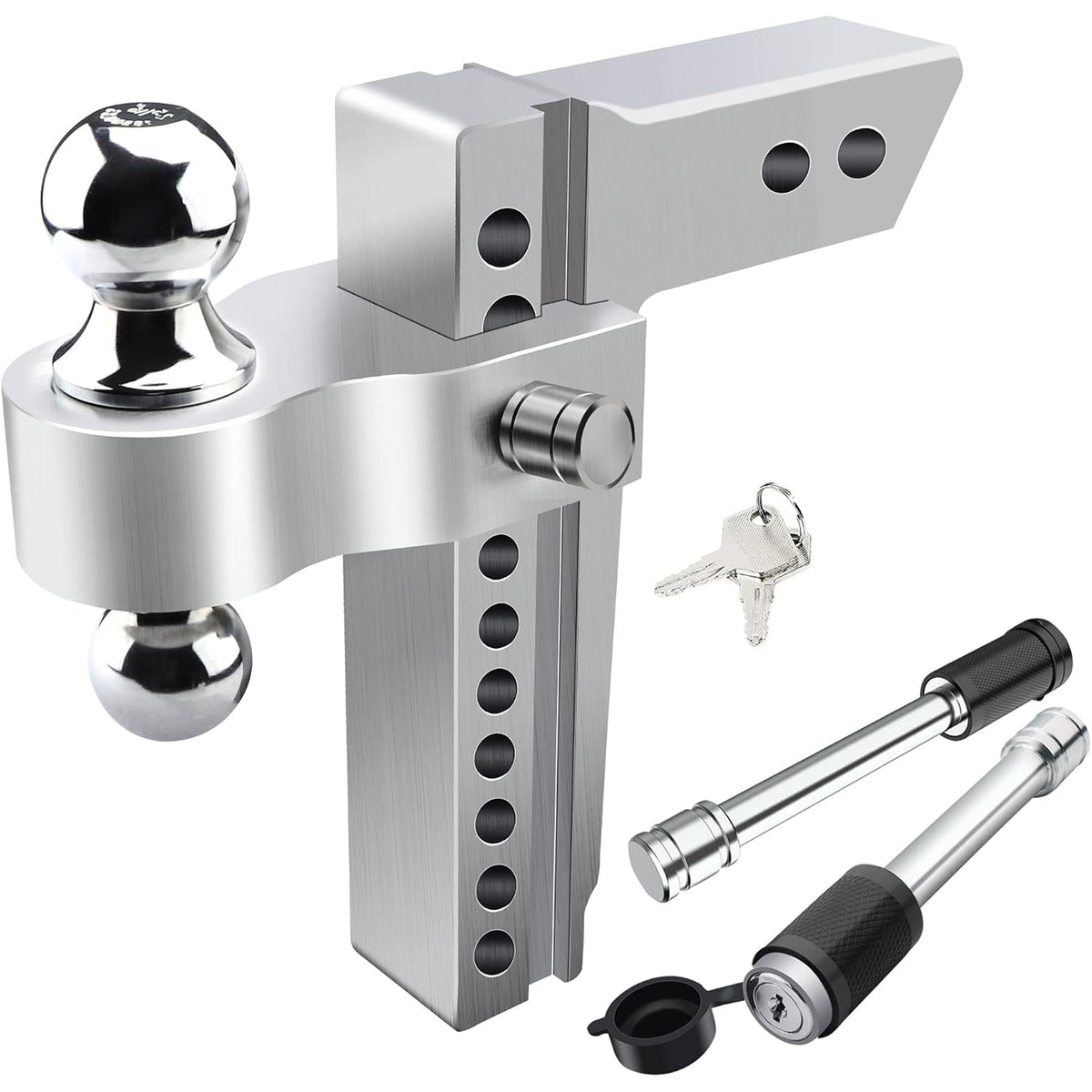 Richeer Adjustable Trailer Hitch Ball Mount, Fits 2-Inch Receiver, 10-Inch Drop/Rise Aluminum Drop Hitch, 12500LBS, 2-Inch and 2-5/16-Inch Balls Equipped with 2 latches with Locks