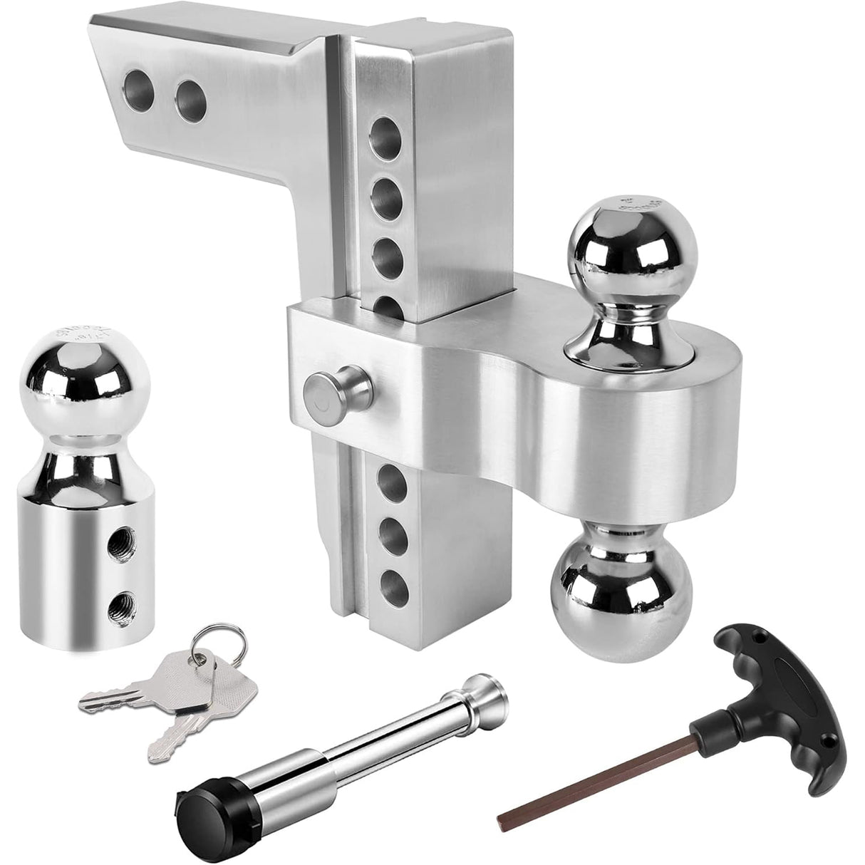 Richeer Adjustable Trailer Hitch, Fits 2.5" Receiver, 8" Drop/Rise Heavy Duty Aluminum Drop Hitch, Tow Hitch, 18500 LBS GTW, Tri-Ball with Dual Pin Key Locks and a Wrench