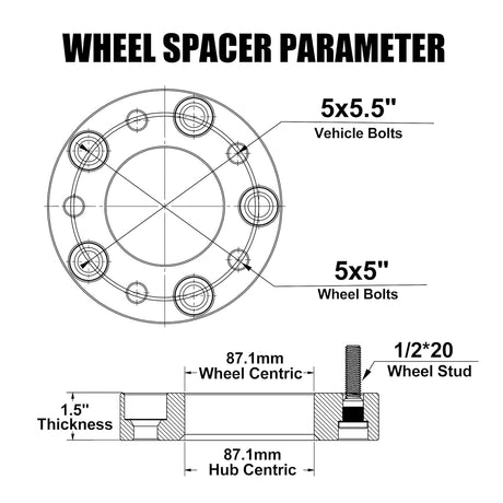 Richeer 5x5.5" to 5x5“ Wheel Adapter for Off-Road Vehicles (Ford, Ram & More)-1.5" Thick Black