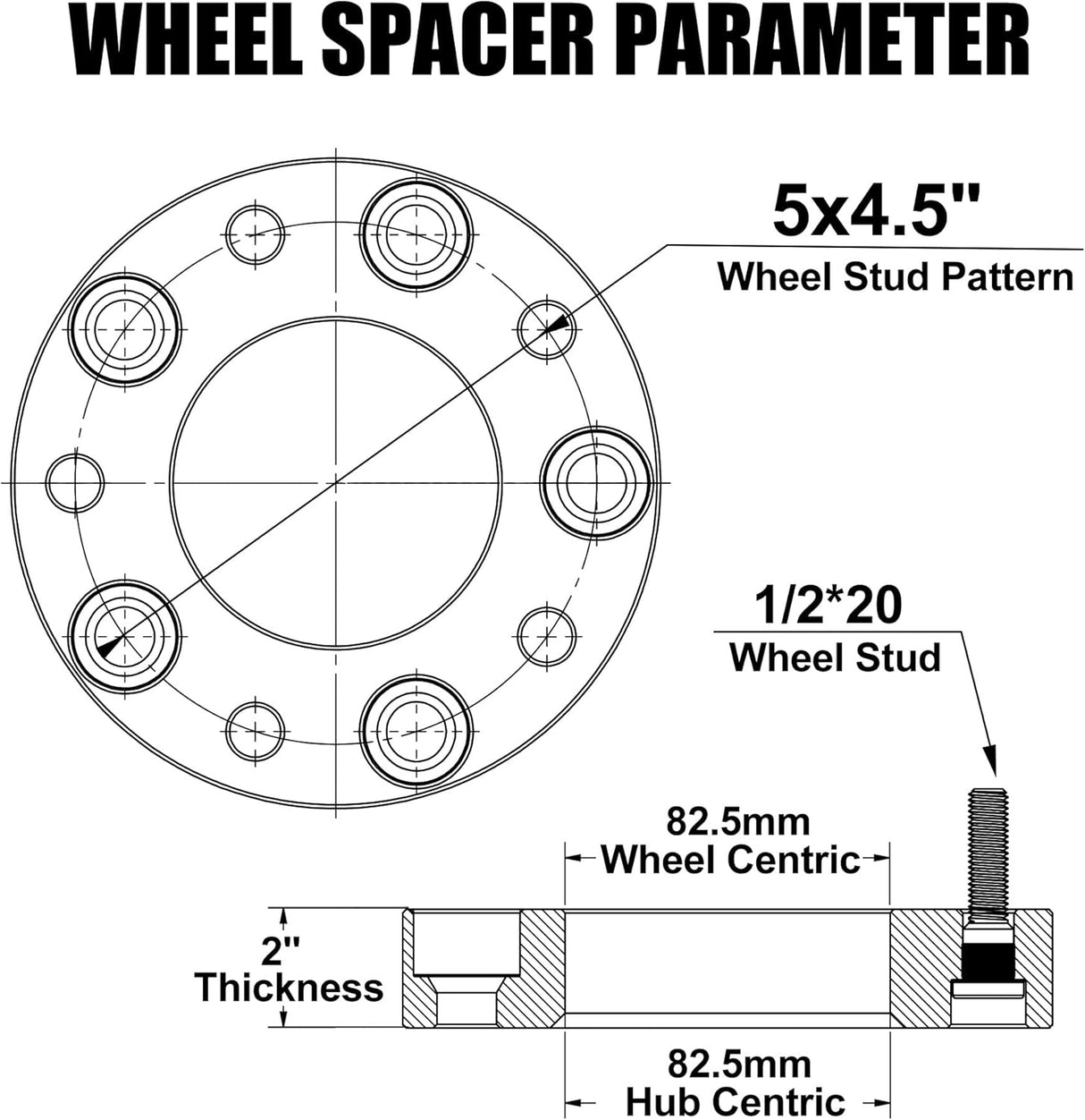 Richeer 5x4.5" Wheel Spacer for Wrangler Ranger Explorer Mustang Edge with 1/2-20 Studs 82.5mm Center Bore- 2" Thick