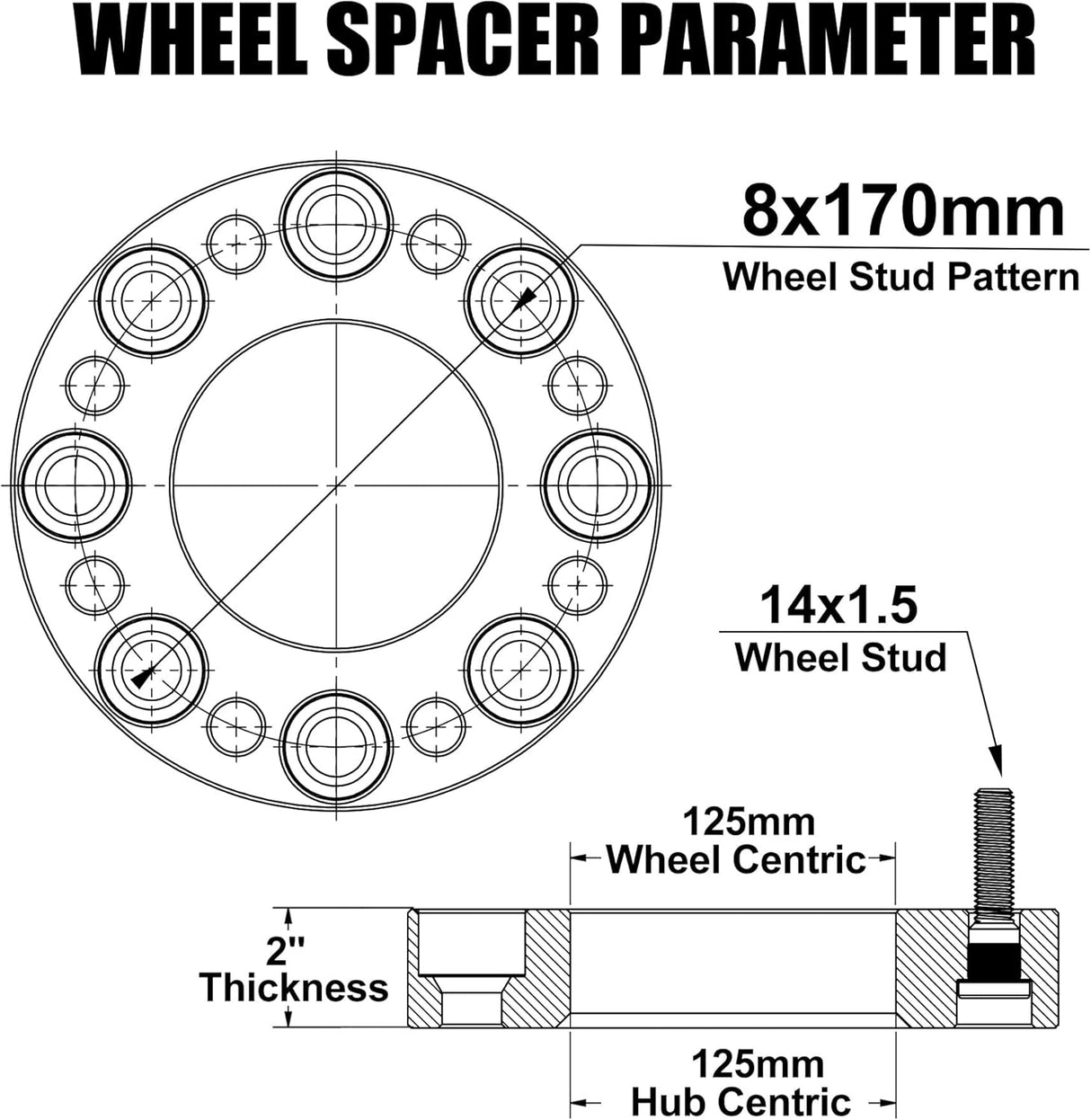 Richeer 8x170mm M14x1.5 Wheel Spacers Fits 2003+ Ford F250 F350 Super Duty Single Rear Wheel | 03-05 Dually Rear Wheel Vehicles F&R-1" Thick Black
