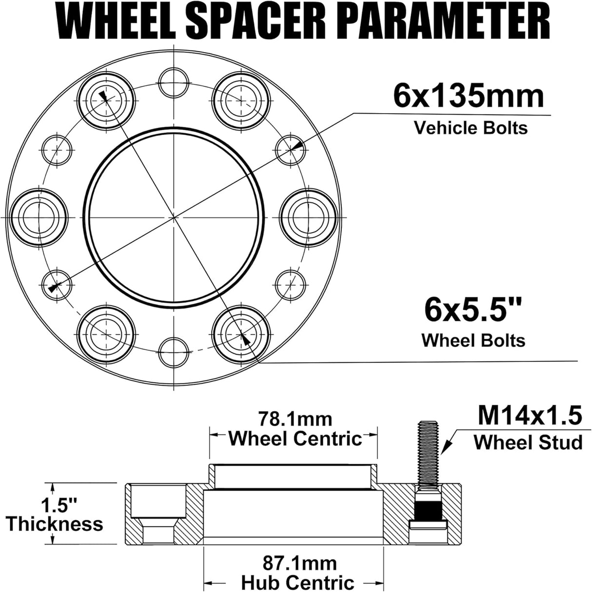 Richeer 1.5 inch 6x135 to 6x5.5 Wheel Adapters with M14x1.5 Studs for Chevy Sliverado 1500 Wheels on 2015-2025 F150 Vehicle