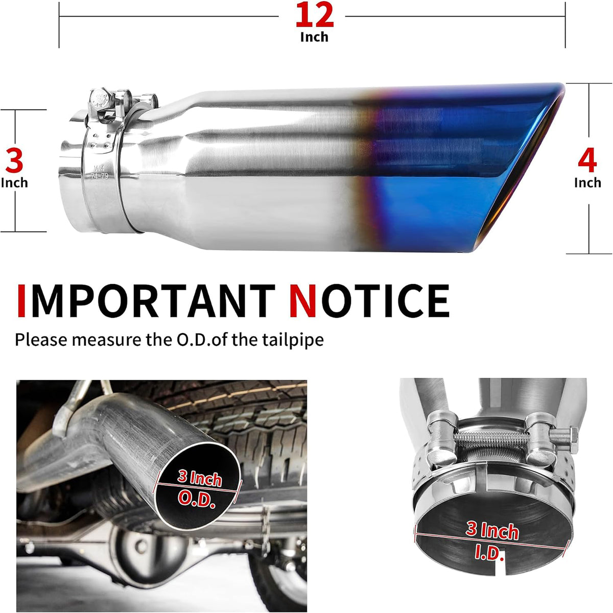 Richeer 3" Inlet Blue Burnt Exhaust Tip, 4” Outlet 12” Long Stainless Steel