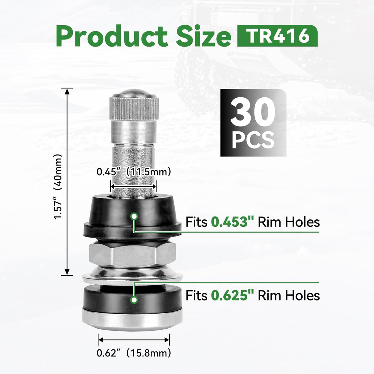 Richeer TR416 Valve Stem Kit – 20 Pack, Bolt‑in Design Fits Both 0.453″ & 0.625″ Holes, Corrosion‑Resistant for heavy-duty trucks, buses and commercial vehicles.