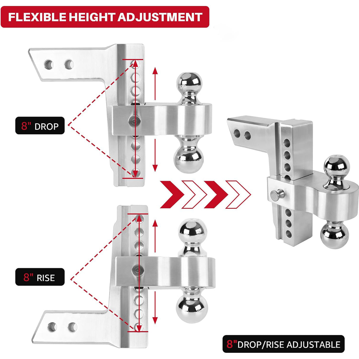 Richeer Adjustable Trailer Hitch, Fits 2.5" Receiver, 8" Drop/Rise Heavy Duty Aluminum Drop Hitch, Tow Hitch, 18500 LBS GTW, Tri-Ball with Dual Pin Key Locks and a Wrench