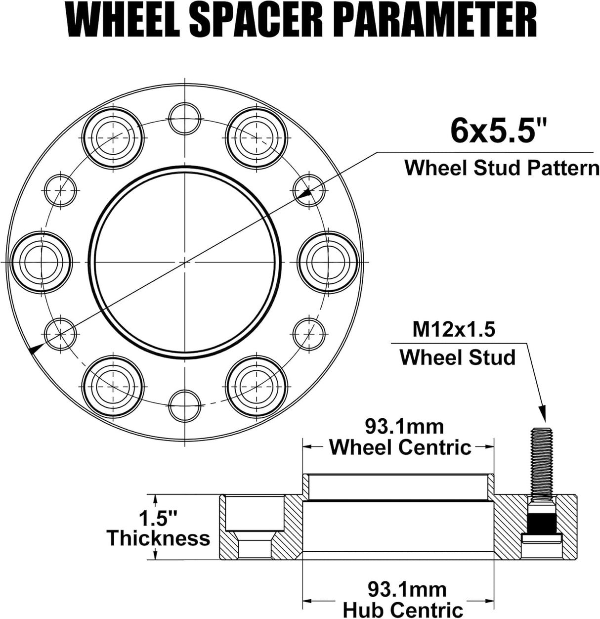 Richeer 6x5.5" Hub Centric Wheel Spacers Fits 2021+ Ford Bronco 2019+ Ranger (No Bronco Sport Fitment)-1.5" Thick Black