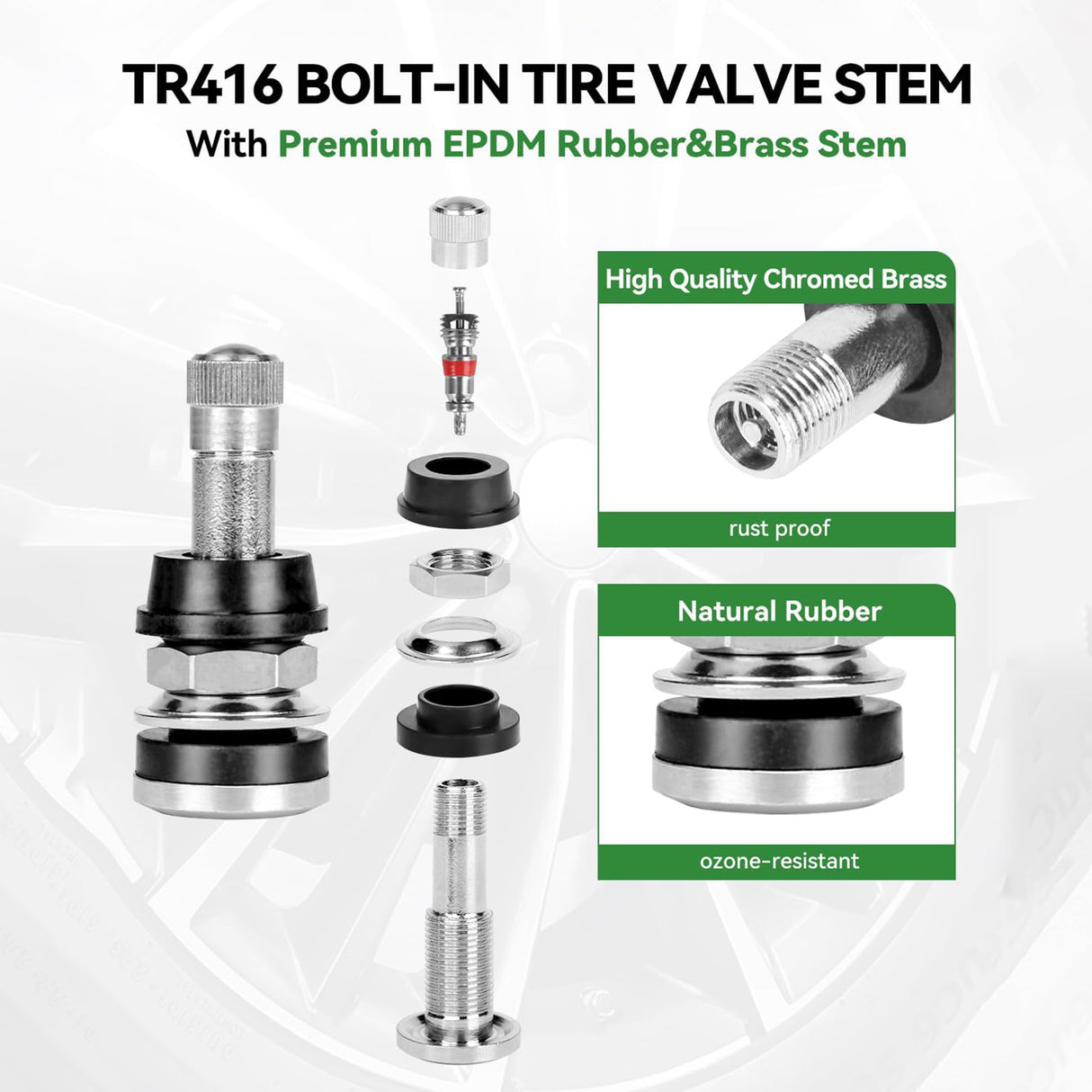 Richeer TR416 Valve Stem Kit – 20 Pack, Bolt‑in Design Fits Both 0.453″ & 0.625″ Holes, Corrosion‑Resistant for heavy-duty trucks, buses and commercial vehicles.