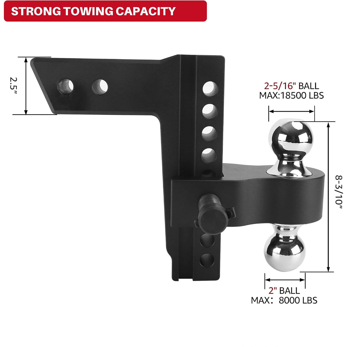 Richeer Black Adjustable Trailer Hitch, Fits 2.5" Receiver, 8" Drop/Rise Drop Hitch, 18500 LBS GTW, Tow Hitch, 2" and 2-5/16" Dual Towing Ball with Double Stainless Steel Locks