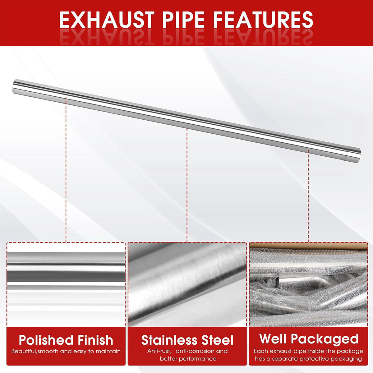 Richeer 2.5 Inch O.D. Stainless Steel Straight Exhaust Pipe,47.3" Long 2PCS