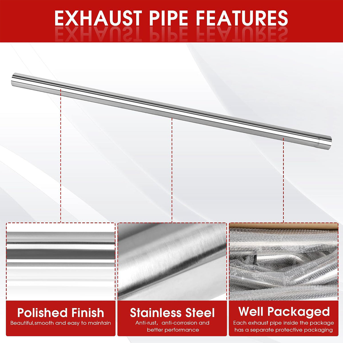 Richeer 3 Inch O.D. Stainless Steel Straight Exhaust Pipe, 47.3" Long 2PCS