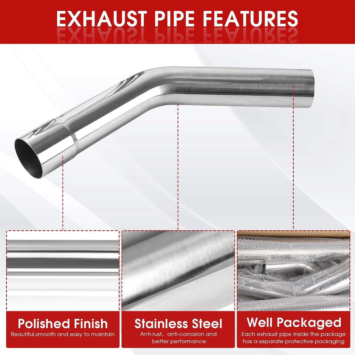 Richeer 2.5 Inch O.D. Stainless Steel Exhaust Pipe 45 Degree Elbow (2PCS)