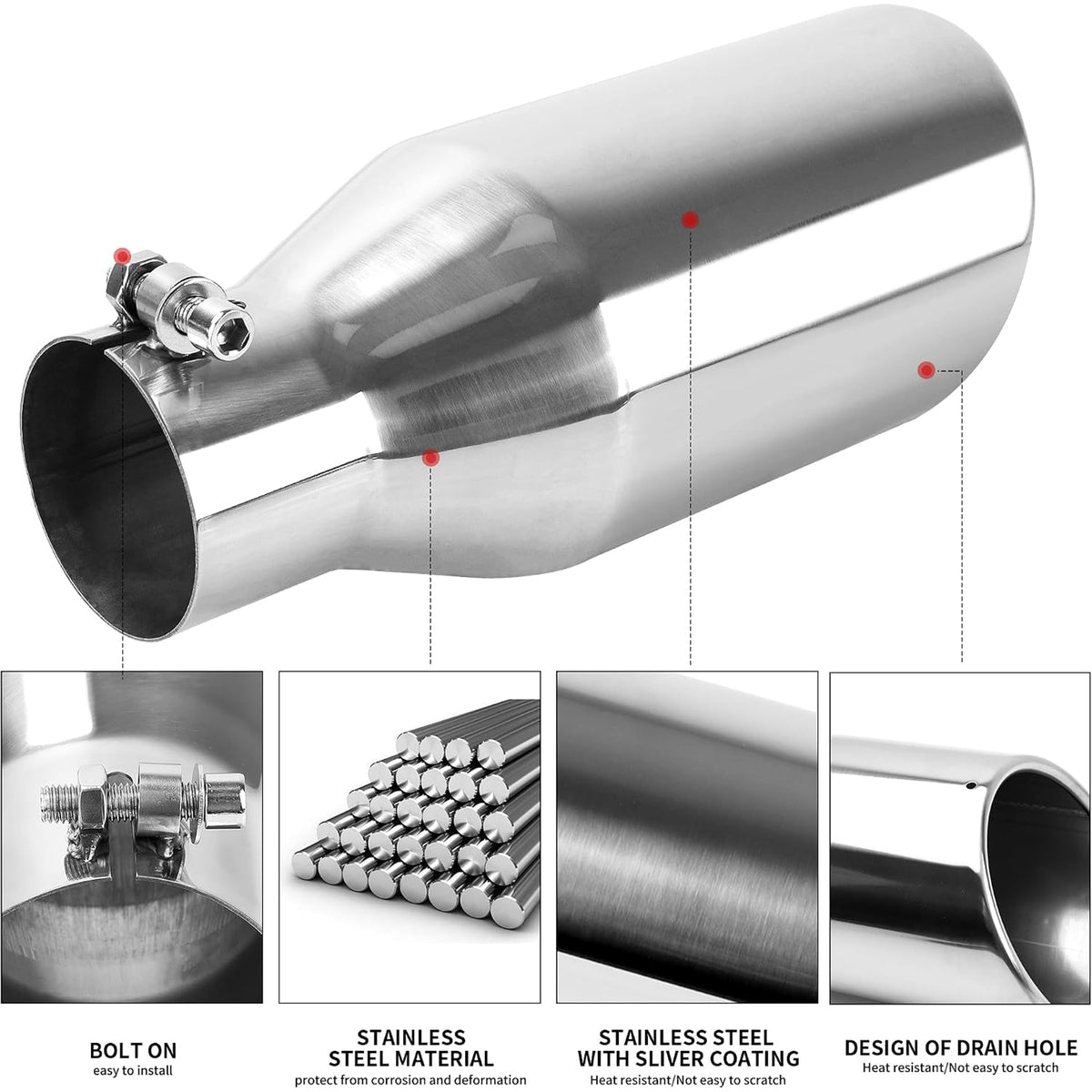 Richeer 3” Inlet Exhaust Tip, 5” Outlet 12” Length Stainless Steel Polished