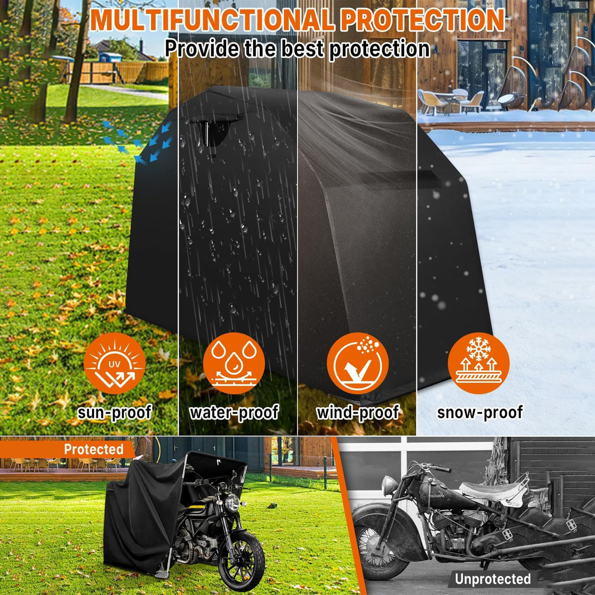Richeer Heavy‑Duty Foldable Mo torcycle Shelter– 136"x54" x75" 600D Oxford fabric, Anti‑Rust Steel Poles, Double‑Triangle Windproof Design, Fits storing motorcycles, scooters, bicycles, electric bikes