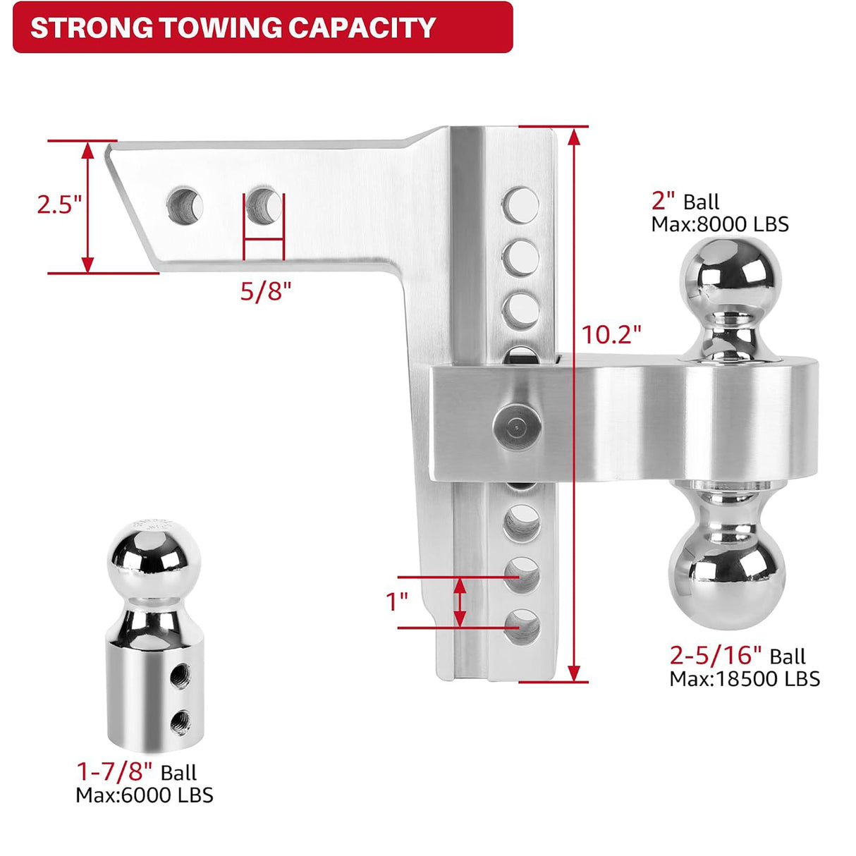 Richeer Adjustable Trailer Hitch, Fits 2.5" Receiver, 8" Drop/Rise Heavy Duty Aluminum Drop Hitch, Tow Hitch, 18500 LBS GTW, Tri-Ball with Dual Pin Key Locks and a Wrench