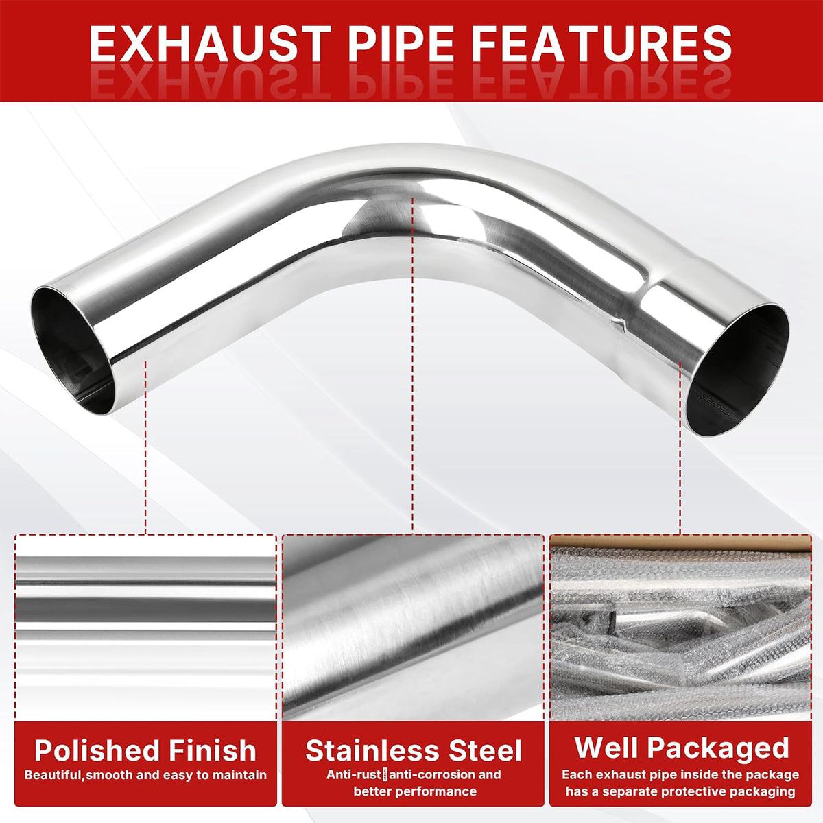 Richeer 3 Inch O.D. Stainless Steel Exhaust Pipe 90 Degree Elbow (2PCS)