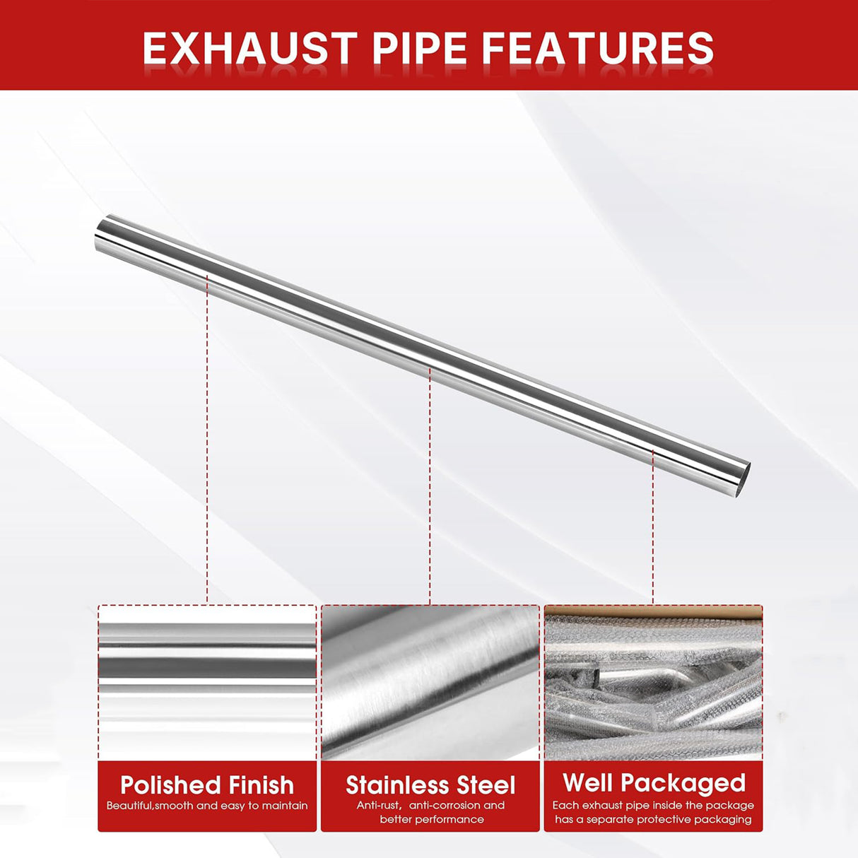 Richeer 2.5 inch O.D. Stainless Steel Exhaust Pipe Kit DIY Custom Tube 4PCS