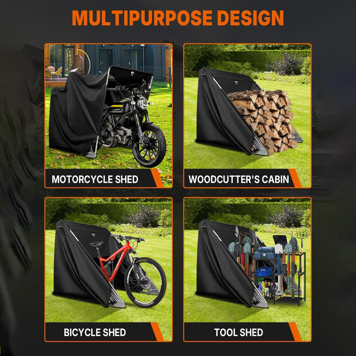 Richeer Heavy‑Duty Foldable Mo torcycle Shelter– 136"x54" x75" 600D Oxford fabric, Anti‑Rust Steel Poles, Double‑Triangle Windproof Design, Fits storing motorcycles, scooters, bicycles, electric bikes