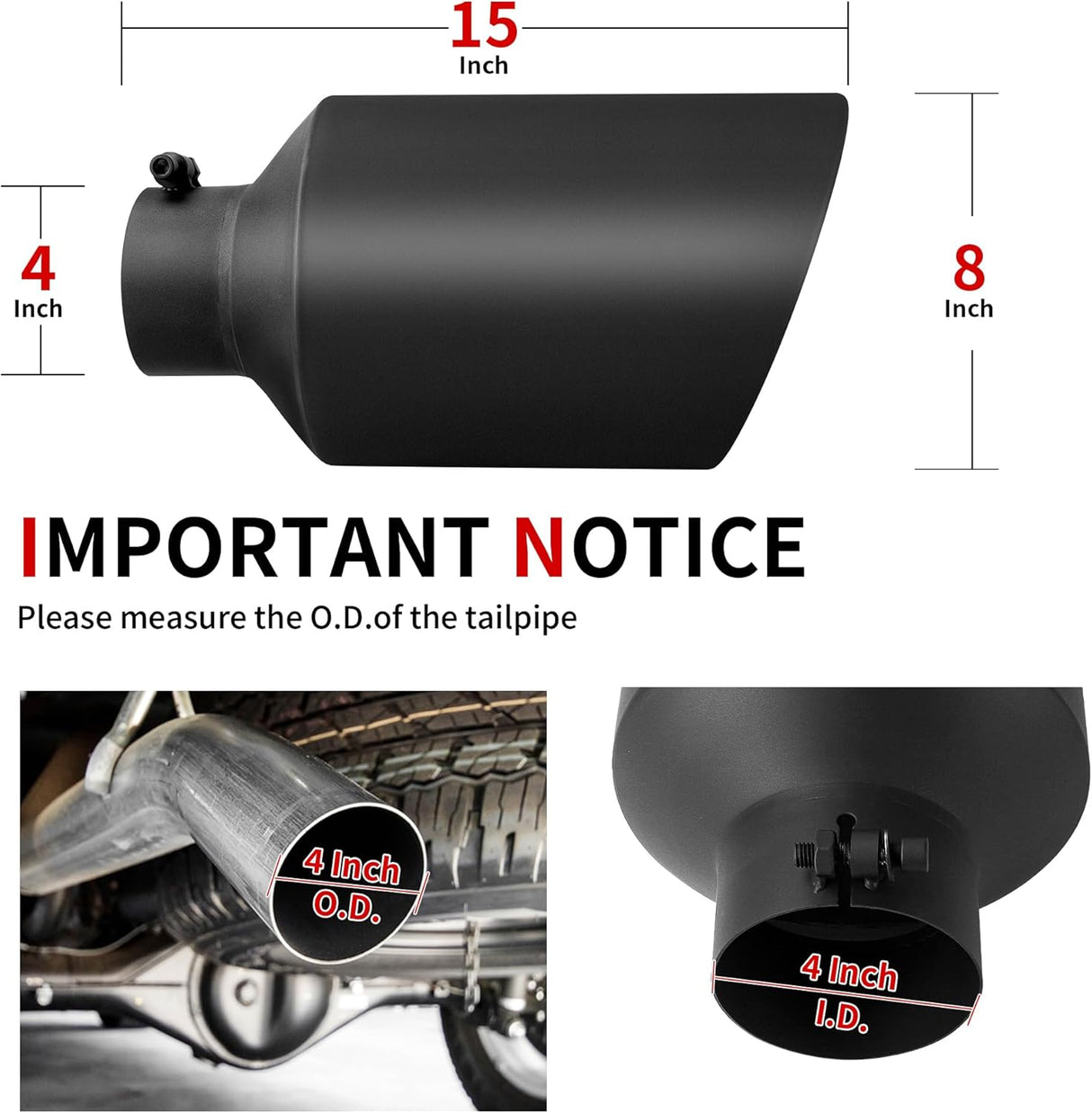 Richeer 4" Inlet Exhaust Tip 8" Outlet 15" Length, Black Powder Coated Stainless Steel