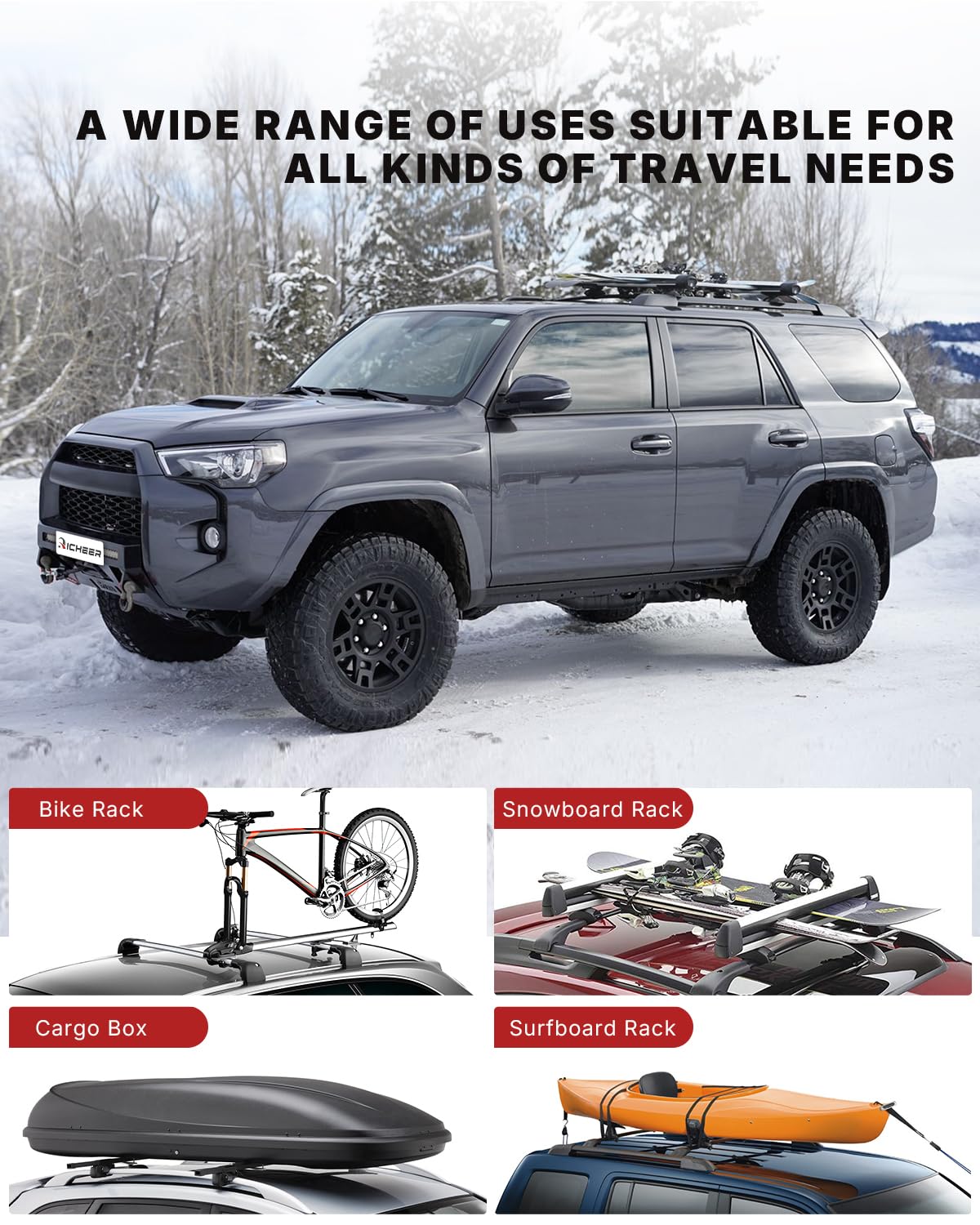 Richeer 220LBS Roof Rack Cross Bars (2010-2024 Toyota 4 Runner with Side Rails), Heavy Duty Aluminum Cross Bar