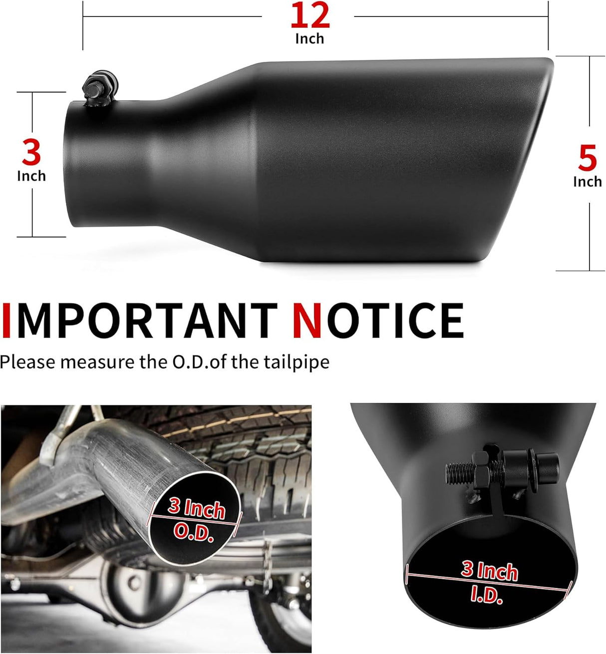 Richeer 3" Inlet Black Exhaust Tip, 5" Outlet, 12" Length, Universal for Vehicles with 3" O.D.Tailpipe, Rolled Edge, Bolt on