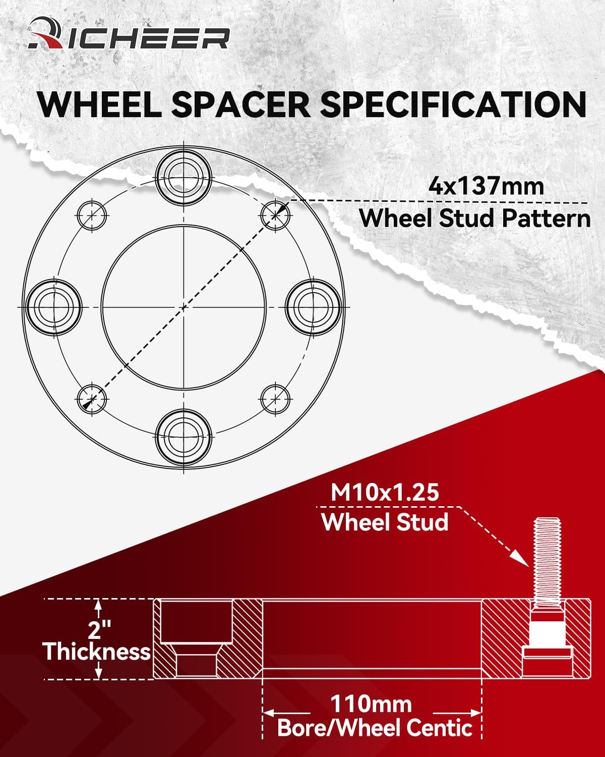 Richeer 4x137mm Wheel Spacers for Off-Road Vehicles (Kawasaki, Can-Am & More) 2" Thick Silver