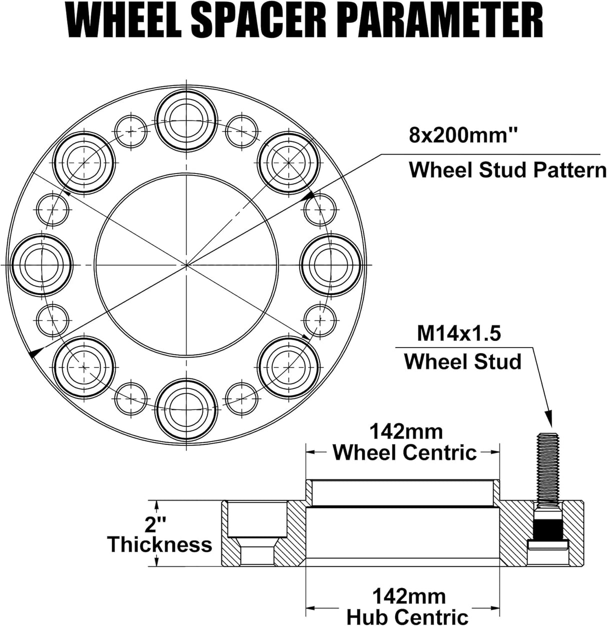 Richeer 8x200mm Hub Centric Wheel Spacers Fits 2019+ Ram 3500 2003+ Ford F350 Dual Rear Wheel Vehicles No Lip-2" Thick Black