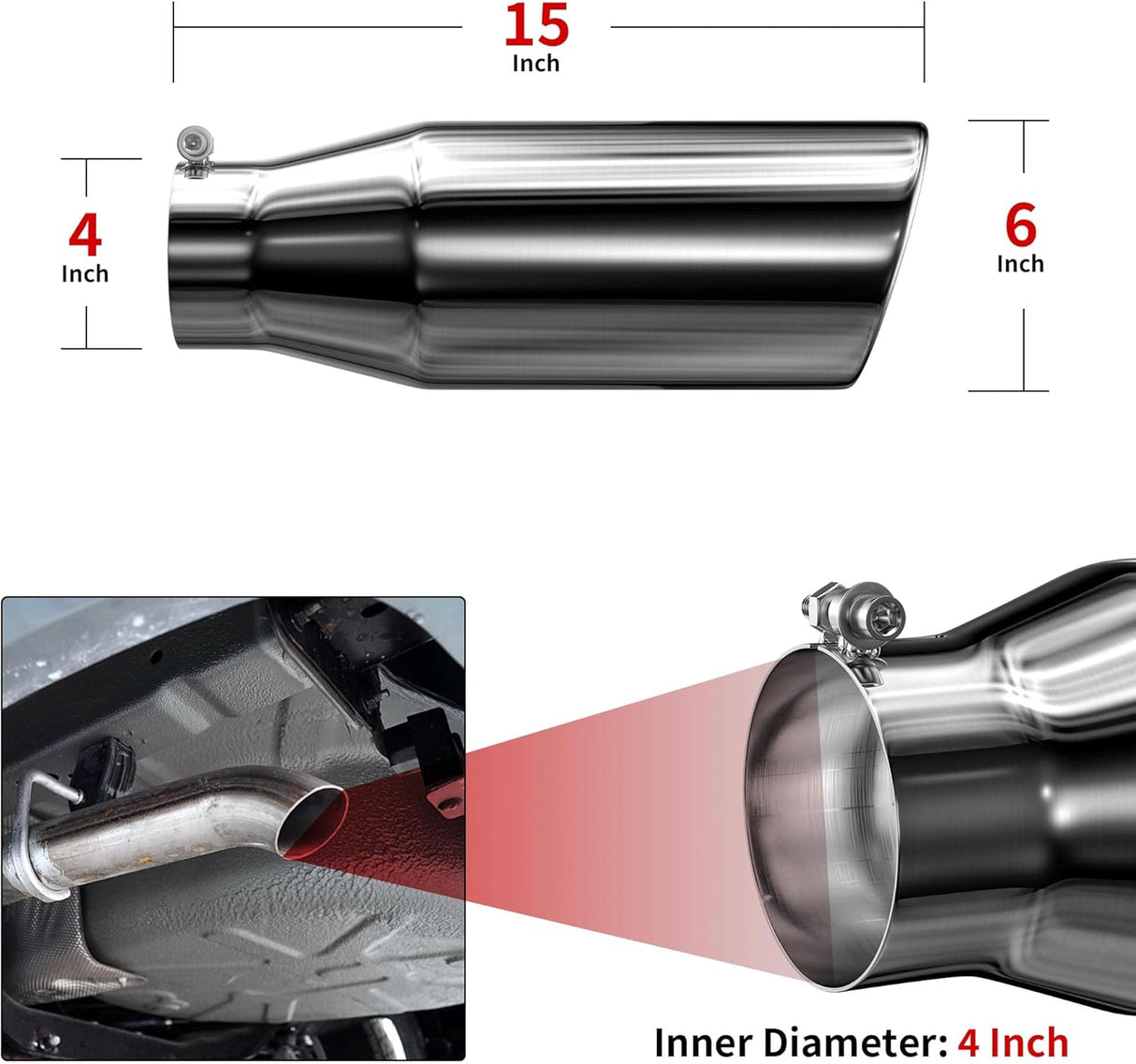 Richeer 4" Inlet x 6" outlet x 15" Overall Length Universal Stainless Steel Exhaust Tip for Truck Cars