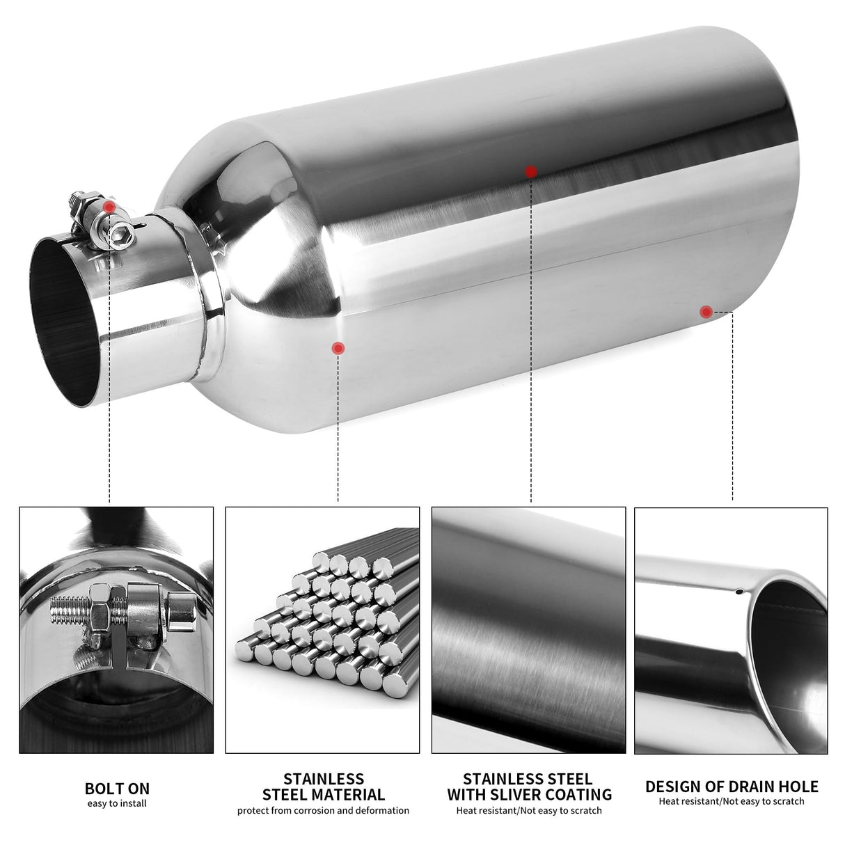 Richeer 3" Inlet Exhaust Tip 6” Outlet 15” Overall Length Stainless Steel Exhaust Tip