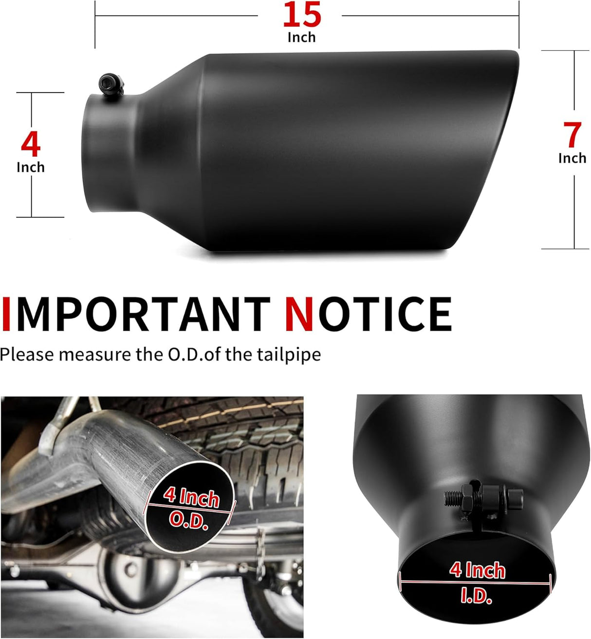 Richeer 4" Inlet to 7" Outlet Exhaust Tip, 15" Length Black Powder Coated Stainless Steel Universal for 4" O.D. Tailpipe