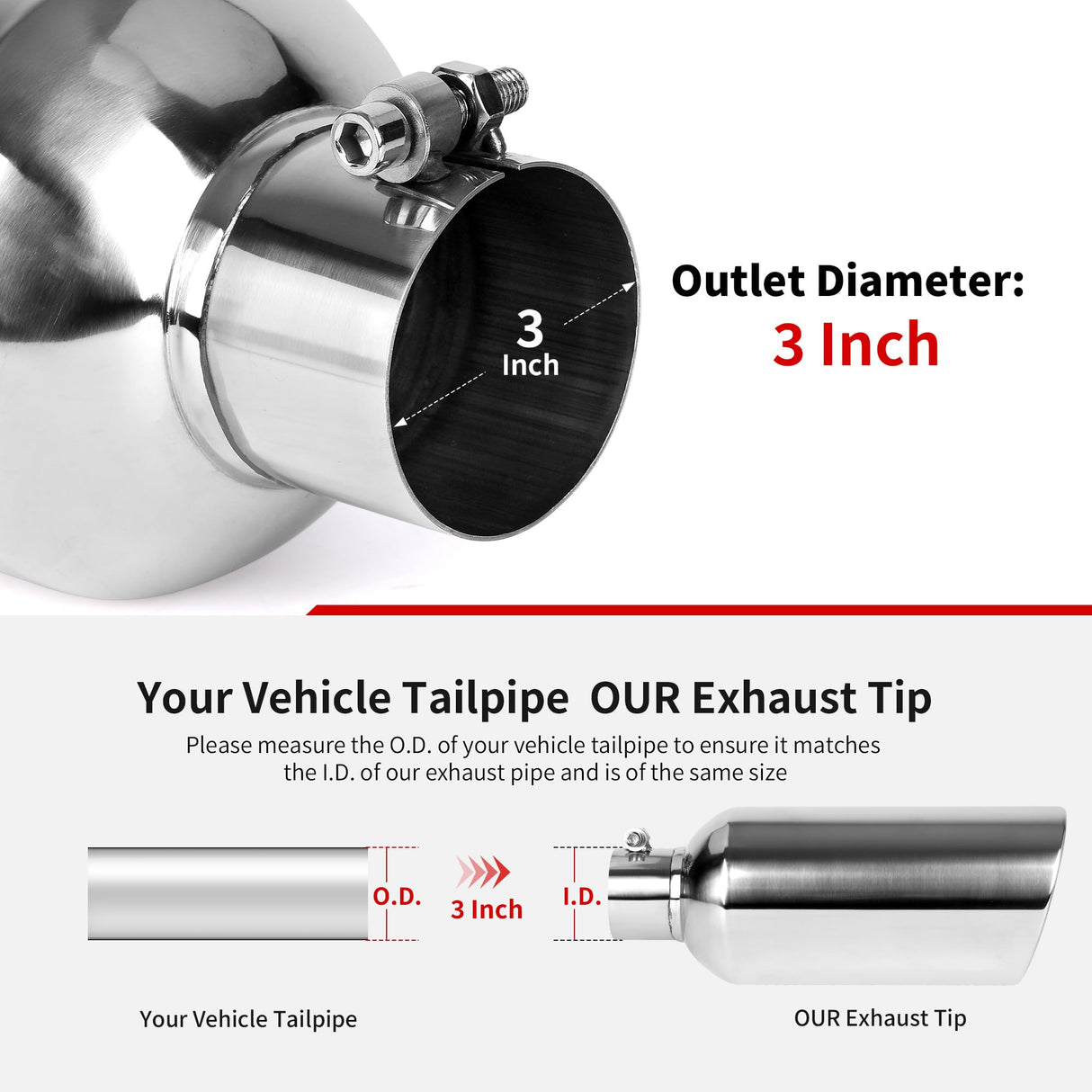 Richeer 3" Inlet Exhaust Tip 6” Outlet 15” Overall Length Stainless Steel Exhaust Tip