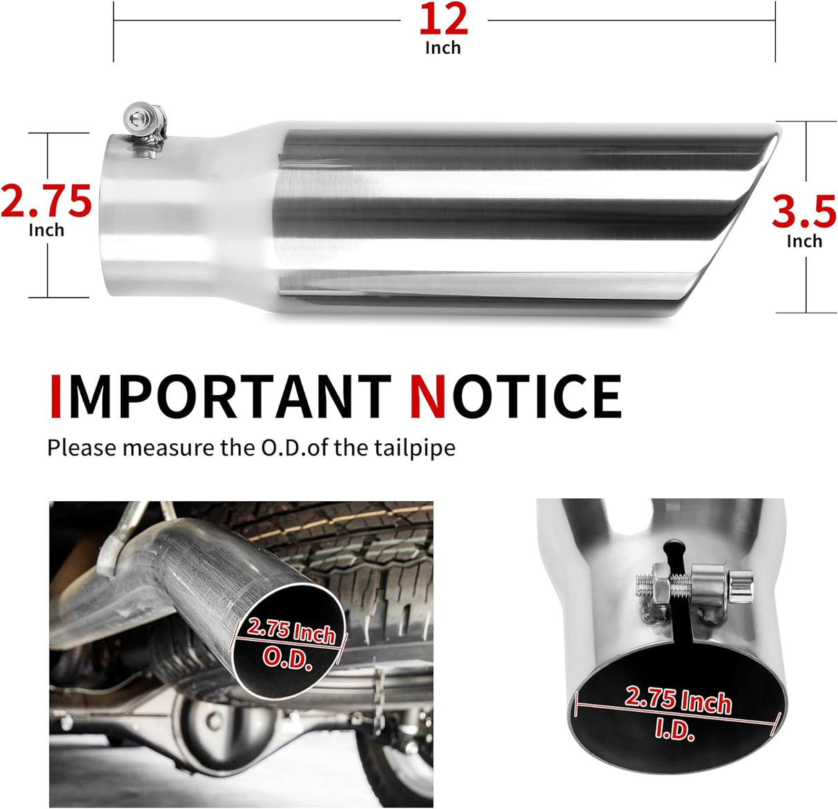 Richeer 2.75-3.5" Exhaust Tip, 2.75" Inlet 3.5” Outlet 12” Overall Length Stainless Steel Exhaust Tip
