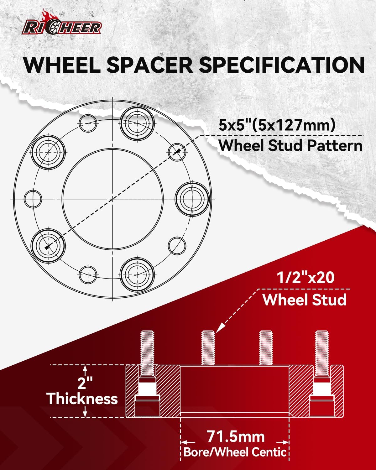 Richeer 2" 5x5 Hubcentric Wheel Spacers for Jeep Wrangler and Compatible Models