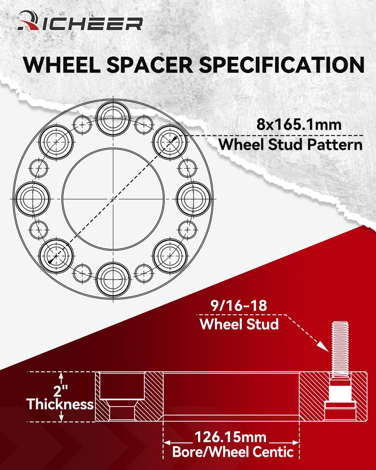 Richeer 2'' 8x6.5 Wheel Spacers 8x165.1mm with 9/16-18 Studs & 126.15mm Center Bore