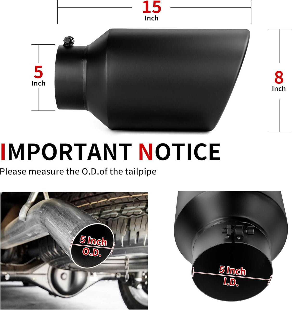 Richeer 5" Inlet Exhaust Tip 8" Outlet 15" Length Polished Stainless Steel Bolt-on Design Universal