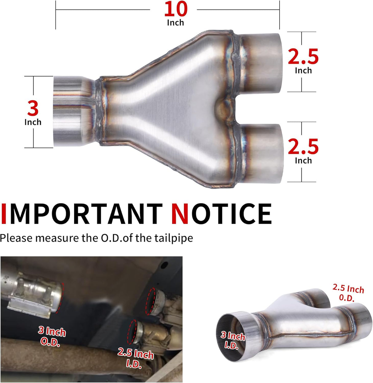 Richeer T409 Stainless Steel 3-2.5” Exhaust Y Pipe, 3" Inlet 2.5” Outlet 10” Overall Length