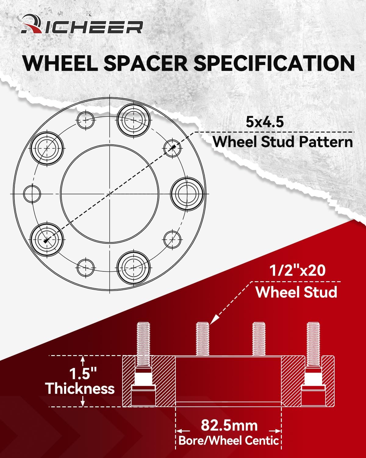 Richeer 1.5" 5x4.5" Wheel SpacersWheel Spacer for Wrangler Ranger Explorer Mustang Edge with 1/2-20 Studs 82.5mm Center Bore