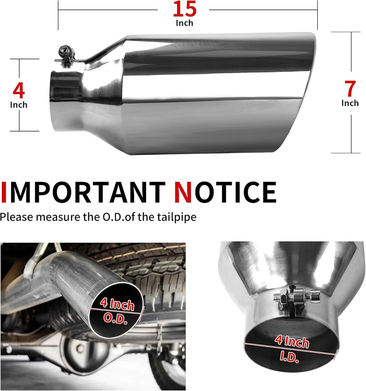 Richeer 4" Inlet to 7" Outlet Exhaust Tip 15" Length Polished Stainless Steel Universal for 4" O.D. Tailpipe