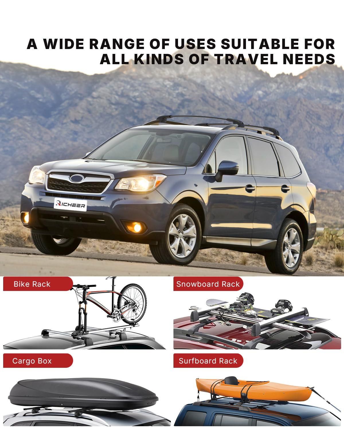 Richeer 220LBS Roof Rack Cross Bars, Side Rails, Aluminum Cross Bar (2014-2025 Forester)