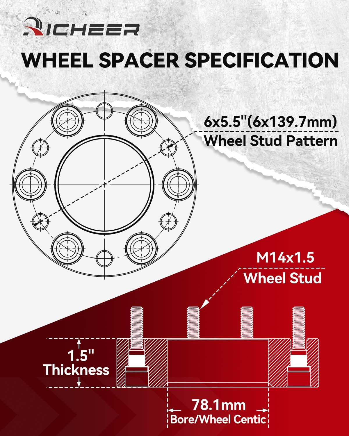 Richeer 1.5'' 6x5.5 Hub Centric Wheel Spacer with 14x1.5 Studs & 78.1mm Bore