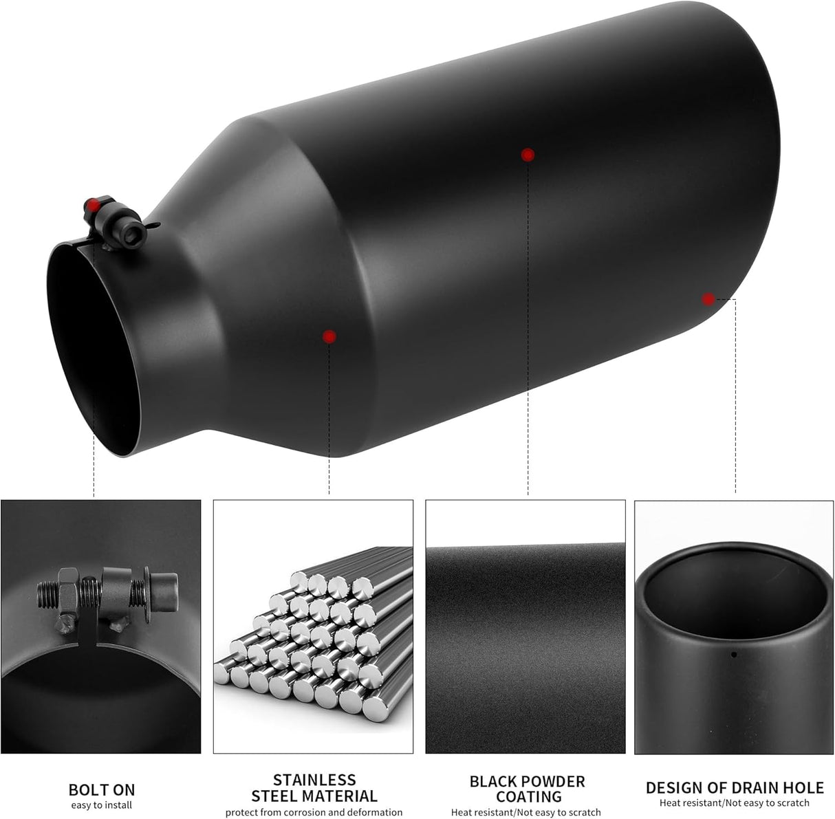 Richeer 4" Inlet to 7" Outlet Exhaust Tip, 15" Length Black Powder Coated Stainless Steel Universal for 4" O.D. Tailpipe