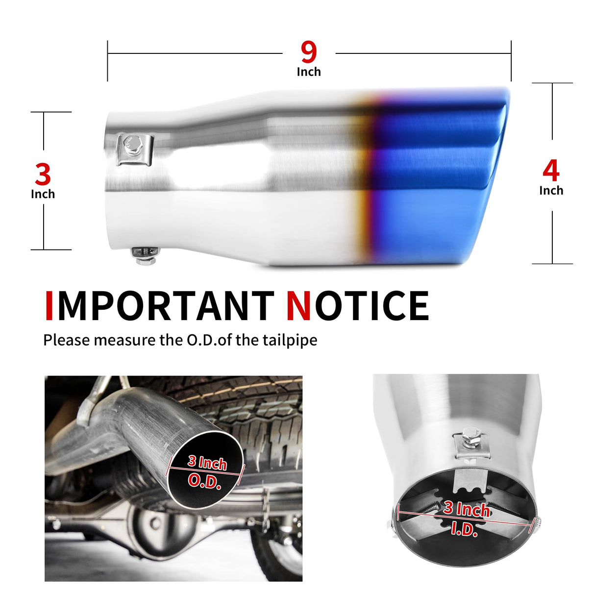 Richeer 3-4" Blue Burnt Exhaust Tip, 3" Inlet 4” Outlet 9”, Overall Length Stainless Steel Exhaust Tip