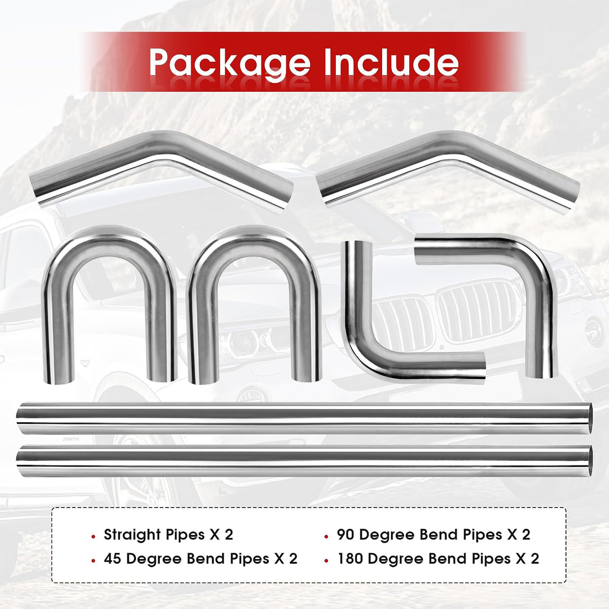 Richeer 2 Inch O.D. T304 Stainless Steel Exhaust Pipe Kit DIY Custom Tube