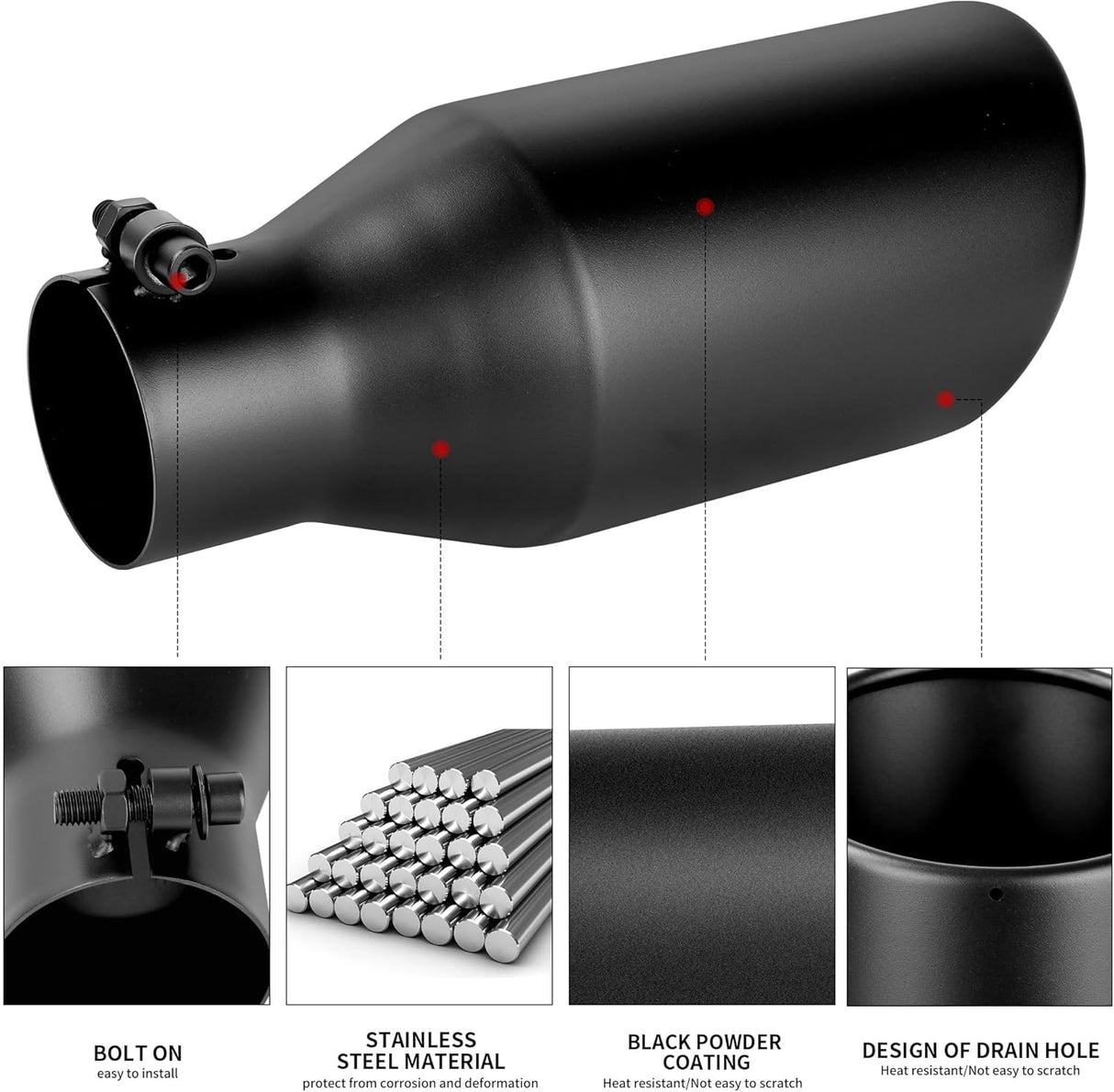 Richeer 3" Inlet Black Exhaust Tip, 5" Outlet, 12" Length, Universal for Vehicles with 3" O.D.Tailpipe, Rolled Edge, Bolt on