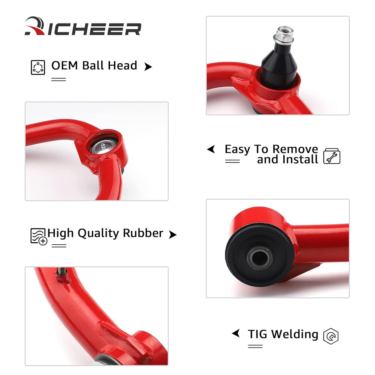 Richeer Front Upper Control Arms for 2-4“ Lift Fits 2005-2023 Toyota Tacoma(Only Fit 6 Lug Models)- Red