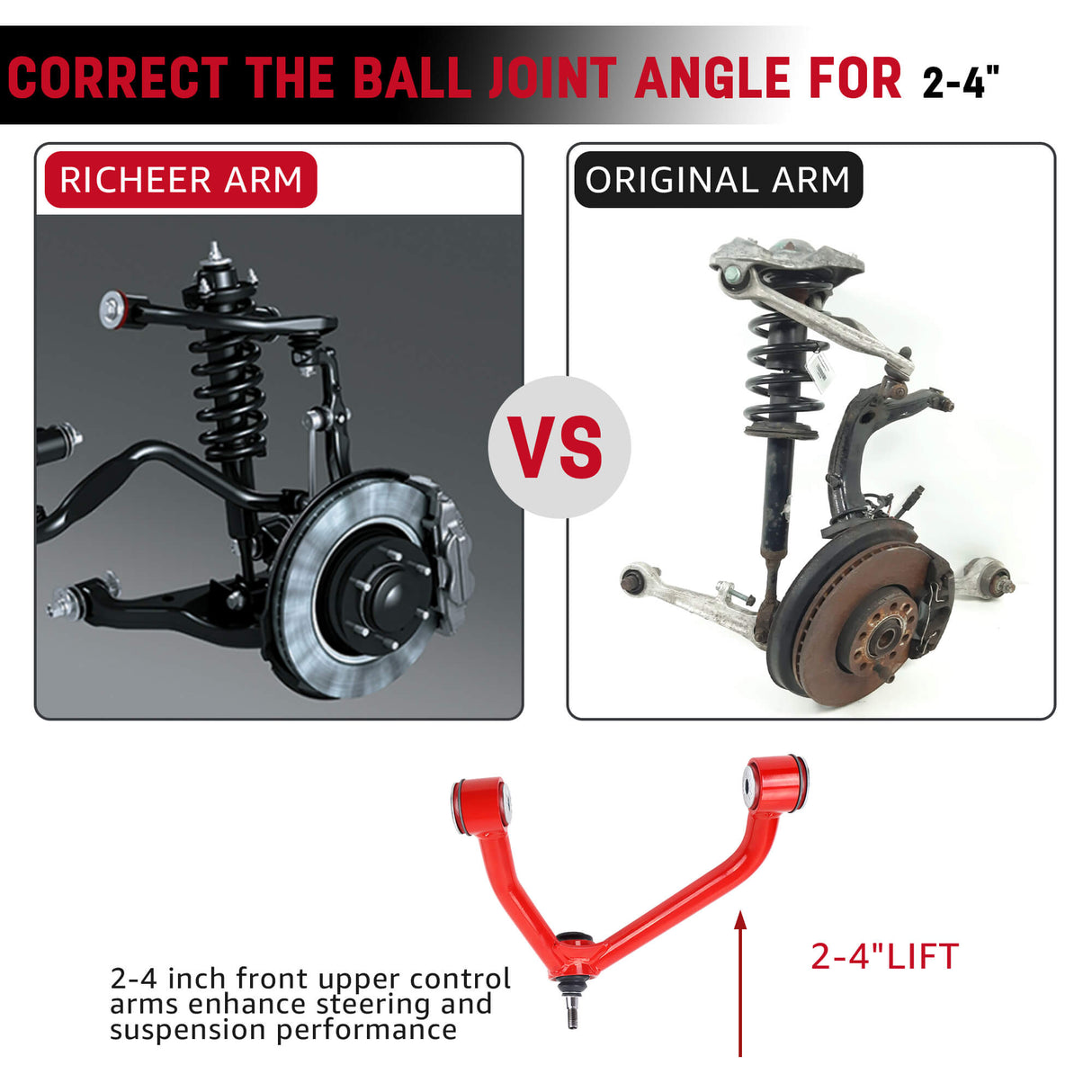 Richeer Front Upper Control Arms for 2-4" Lift Fits Chevy and GMC(07-16 Silverado, Tahoe, Sierra) - Upgraded(PU WELDING)-Red