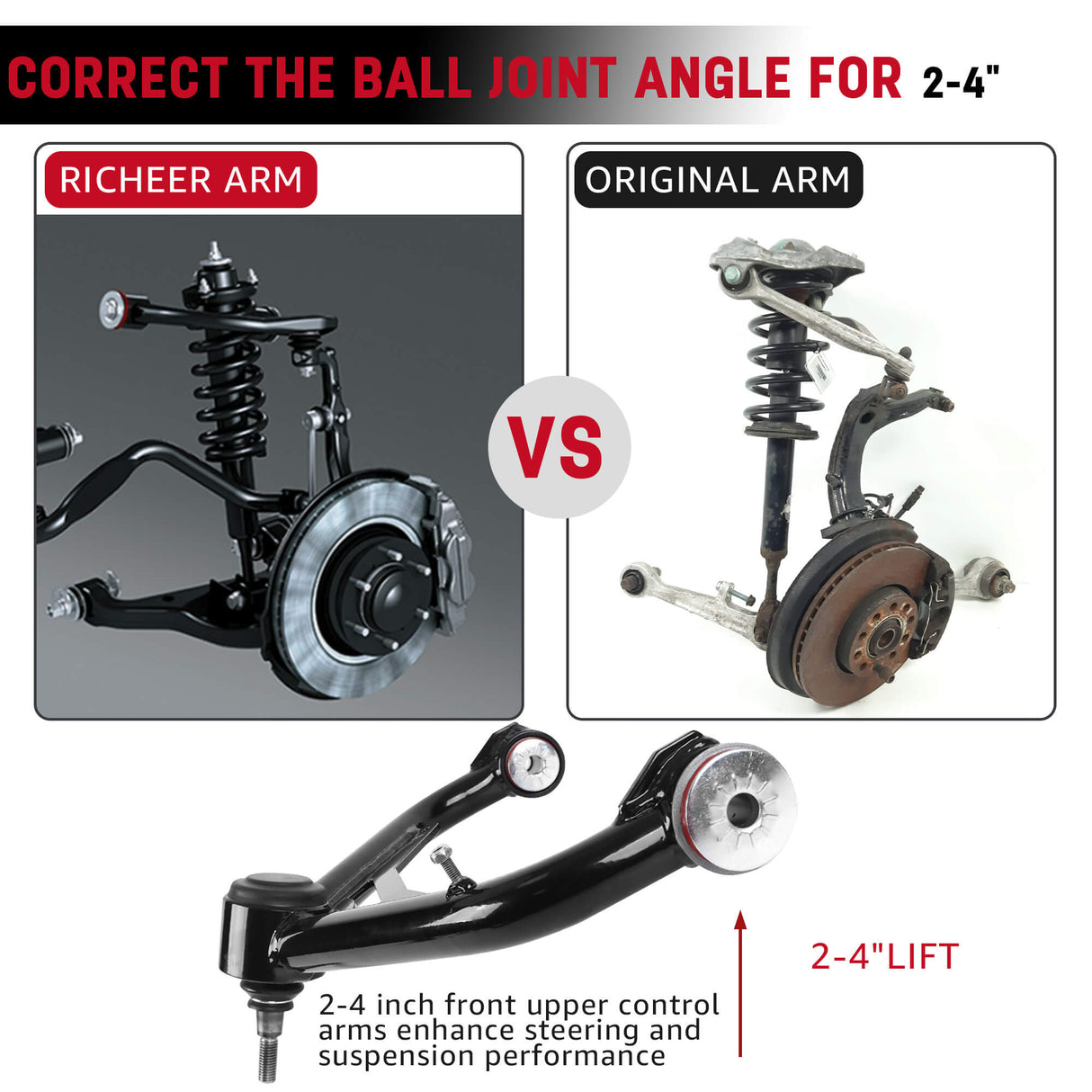 Richeer  Front Upper Control Arms for 2-4" Lift Fits Chevy, GMC(00-10 Silverado, Sierra & More) - Upgraded(PU WELDING)