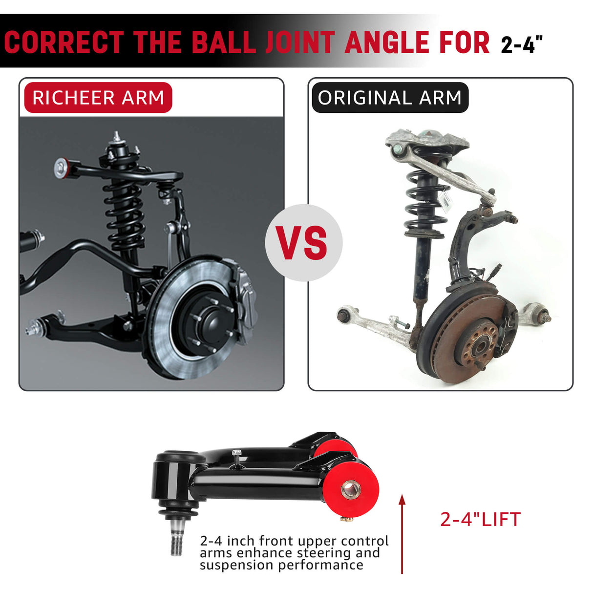 Richeer Front Upper Control Arms for 2-4“ Lift  Fits 2005-2023 Toyota Tacoma 2nd Gen & 3nd Gen(Only Fit 6 Lug Models)-PU WELDING