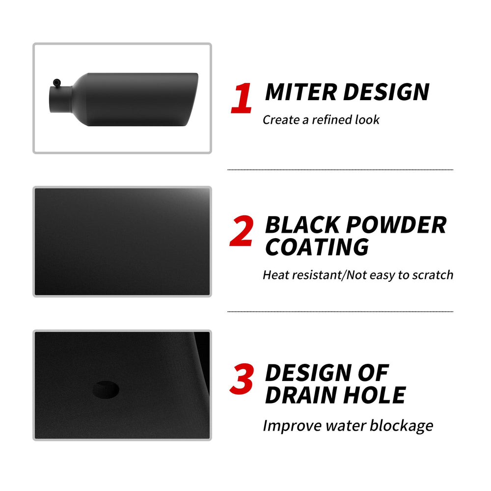 Richeer 3" Inlet Exhaust Tip, 6" Outlet, 15" Length, Black Powder Coated Stainless Steel