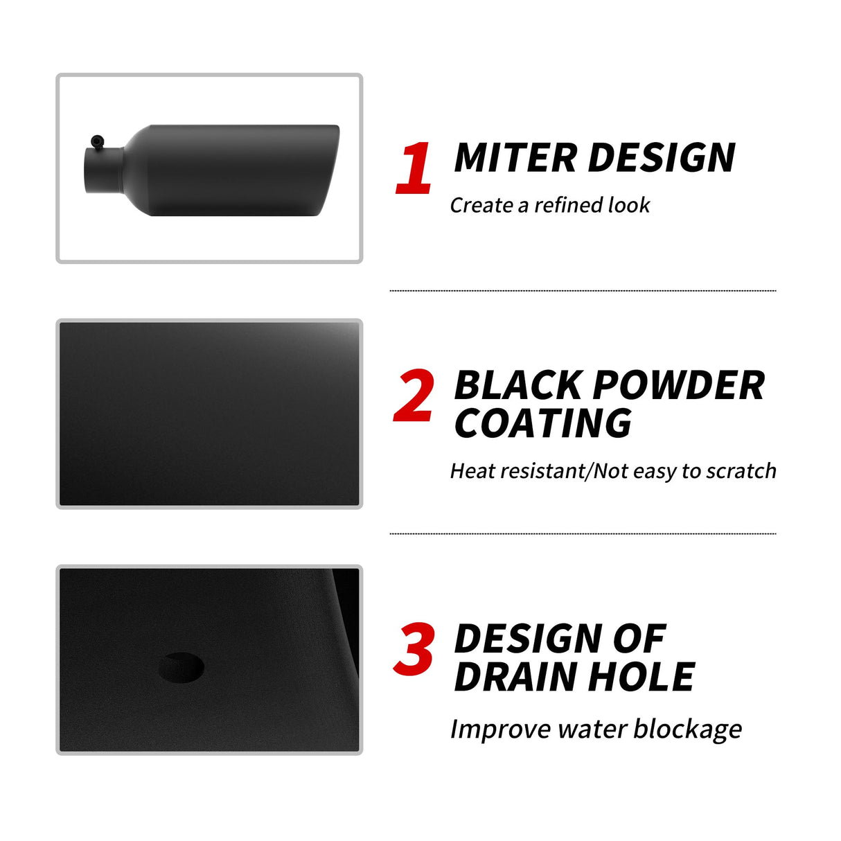 Richeer 3" Inlet Exhaust Tip, 6" Outlet, 15" Length, Black Powder Coated Stainless Steel