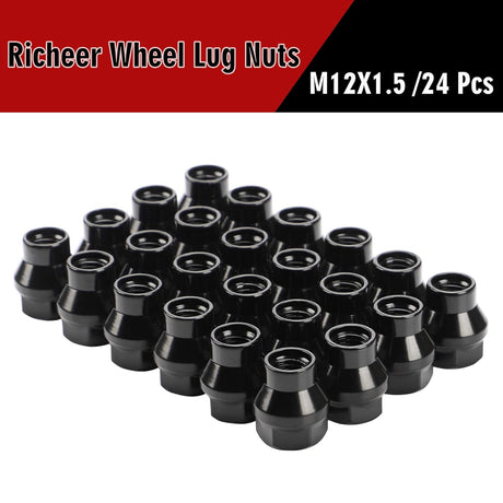 Richeer M12x1.5 Lug Nuts, 24PCS, Open End ET for Trucks & SUVs - Black